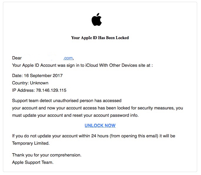Apple ID Locked Scam Screenshot