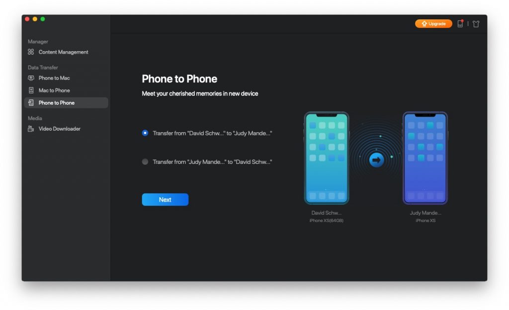 EaseUS MobiMover Phone to Phone Transfer Screen