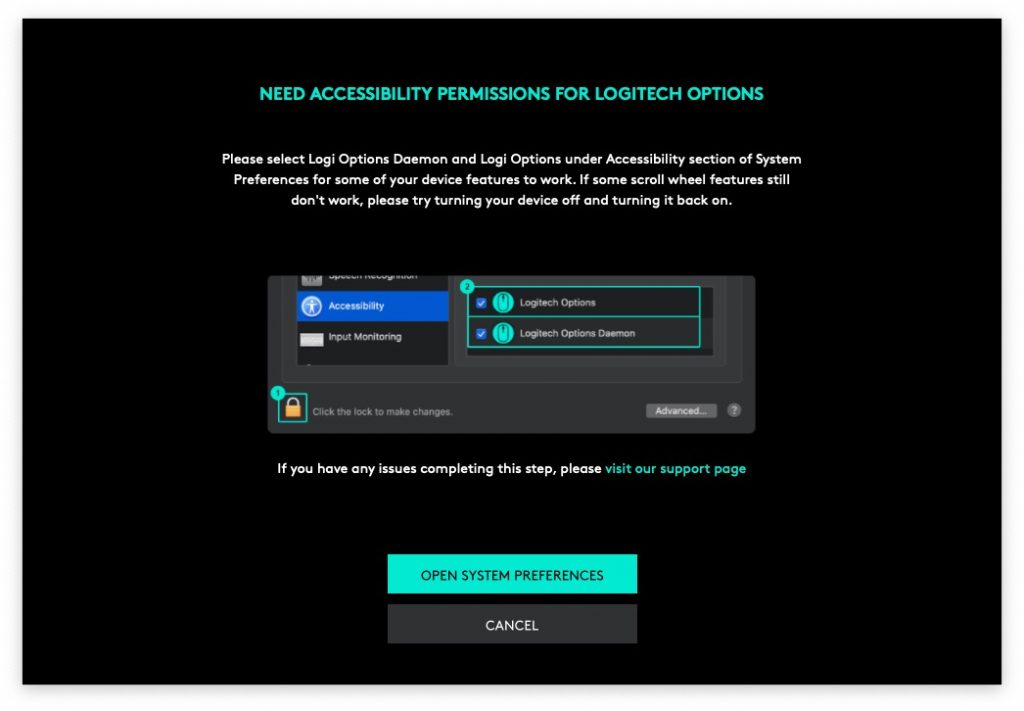 Logi Options Access Screen