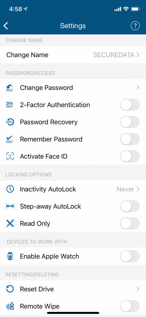 Secure Data - SecureDrive BT - App Options