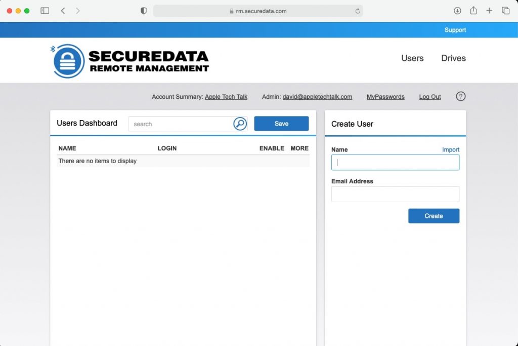 SecureData Remote Management Screen