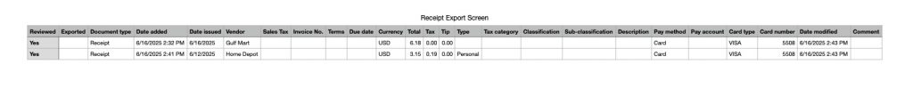 Receipt Export Screen