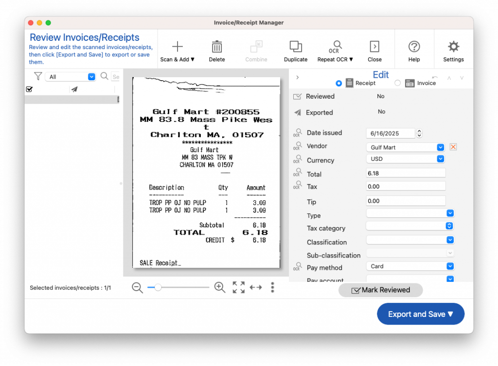 Scanned Receipt Detail Screen