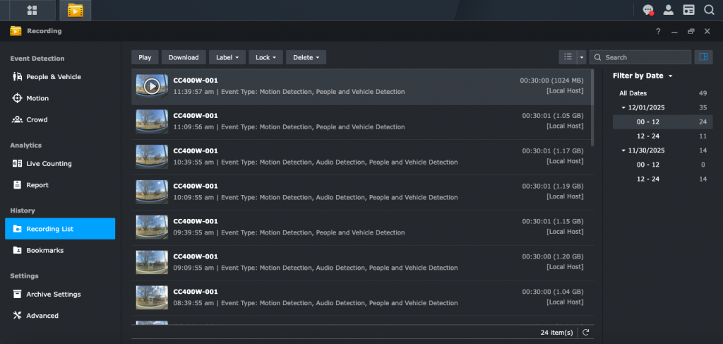 Surveillance Station Recording List